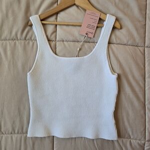 QUINCE cropped square neck ribbed knit tank in white, size S